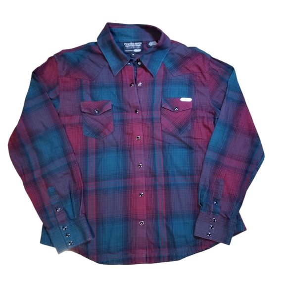 Powder River Outfitters Red Green Plaid Western Snap Workshirt Large - Picture 1 of 6